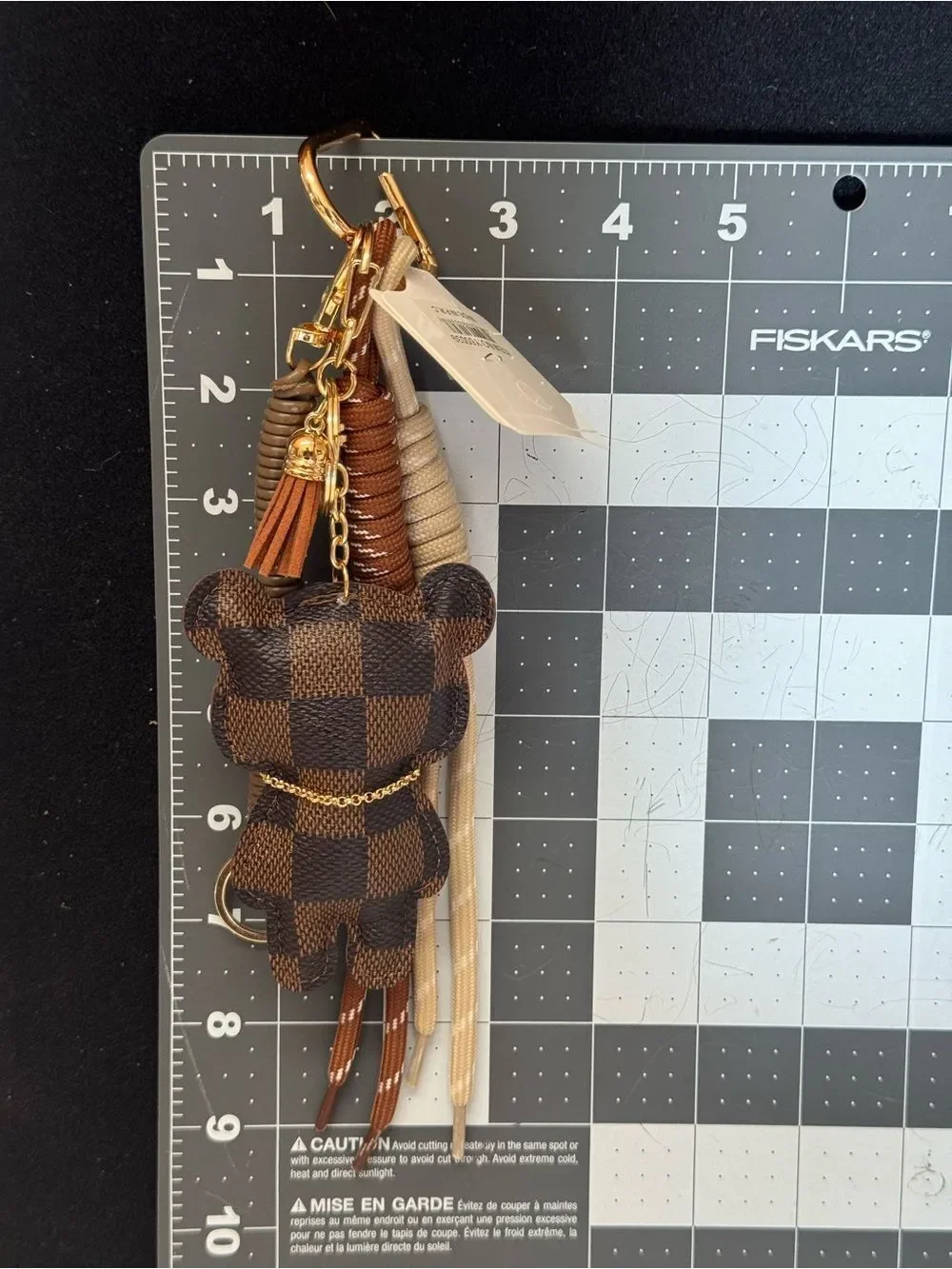 Black Floral Print Bear Keychain Bag Charm Gold Accent Coordinating Cord NWT